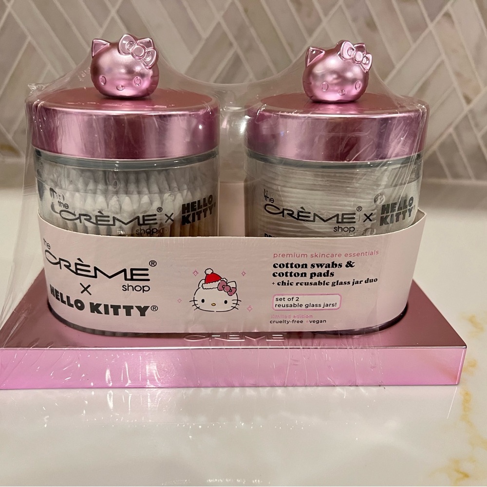 The Creme Shop x HELLO KITTY Sanrio Glass Jar Set Cotton Pads & Swabs With Tray